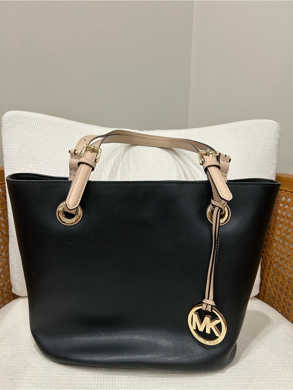 Michael Kors Black Leather Tote with Nude Handles and Gold Hardware